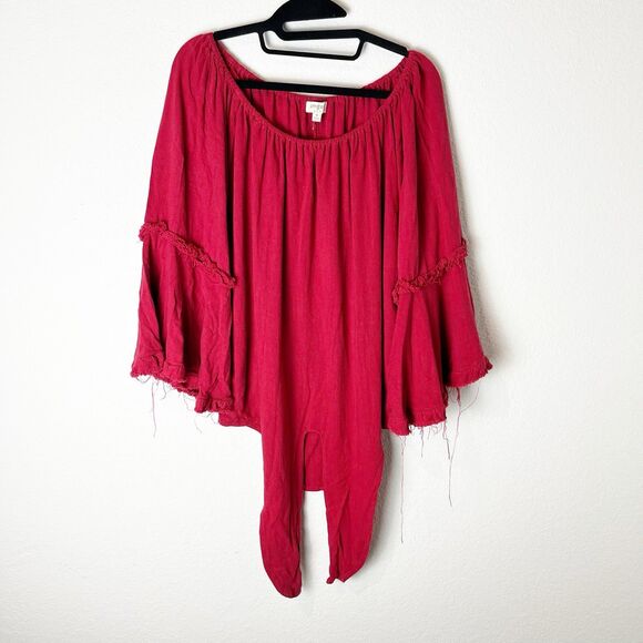Umgee USA M Red Shirt Top Fringe Front Tie Linen Blend Boho Festival 211 - Picture 1 of 7